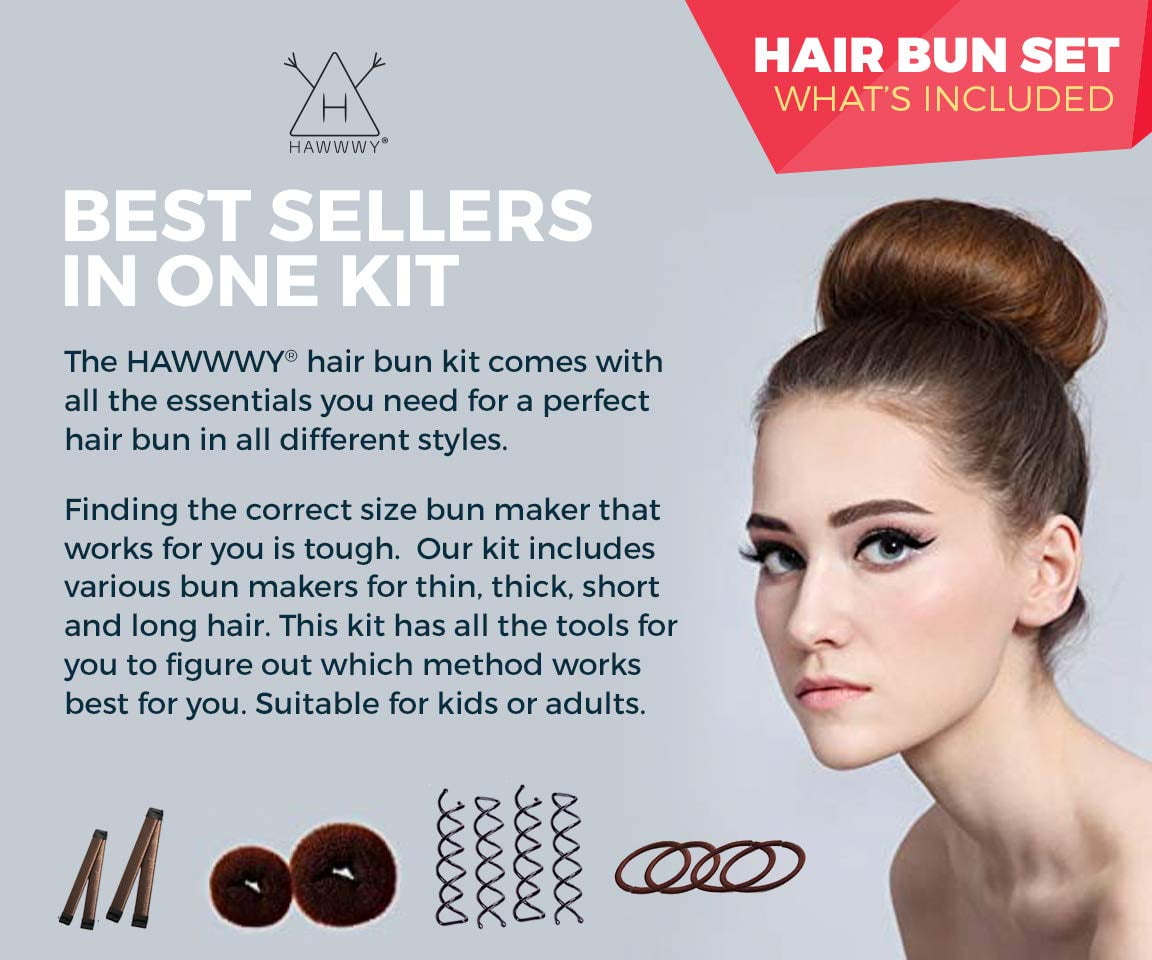 HAWWWY Brown 12-Pc Hair Bun Maker - Easy Fast Tool For Short/Long Hair ...