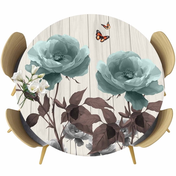 Teal Blue Floral Table Cloth, Round Fitted Tablecloths with Elastic Edge, Vintage Rustic Botanical Beige Wooden Wipeable Waterproof Table Cover for Kitchen Wedding 36-44 Inches