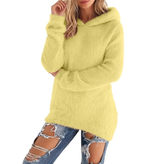 Telankuip Women's Fashionable Long Sleeve Hoodies Pullovers Loose Fit Fluffy Fuzzy Winter Warm Going out Hooded Tops 2025 Casual Solid Color Simple Comfor Sweatshirts Yellow XL
