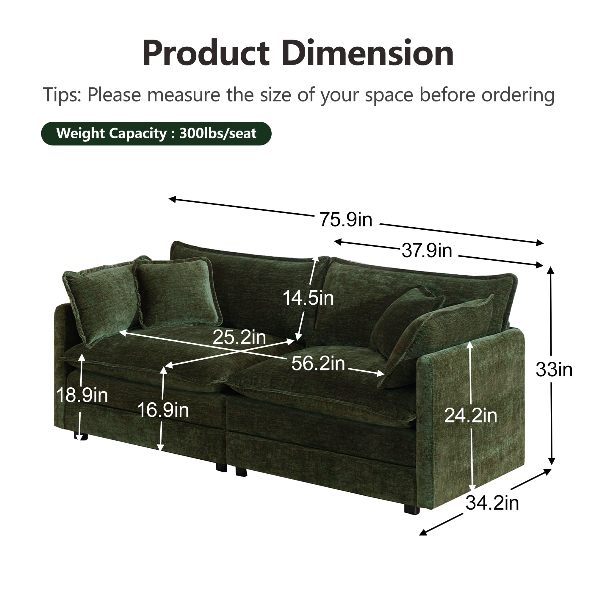 VEPXXP 75.9" Chenille Modular Loveseat, Deep Seat 2-Seater Couch with 4 Throw Pillows, Modern Cloud Sofa for Living Room Apartment Small Space, Green