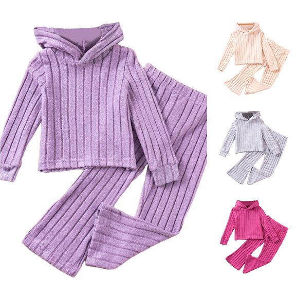 Girls Outfits 2 Piece Set Soft Knit Hoodie and Pants Comfy Casual Fall Spring Toddler Kids Clothes Ribbed Texture Wear Sweat Outfits for Girls 6-7 Years