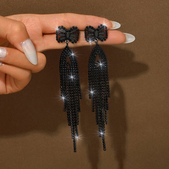 Sunyuer Long Fashion Bow Tassel Earrings Rhinestone Long Tassels Dangle Earrings for Women