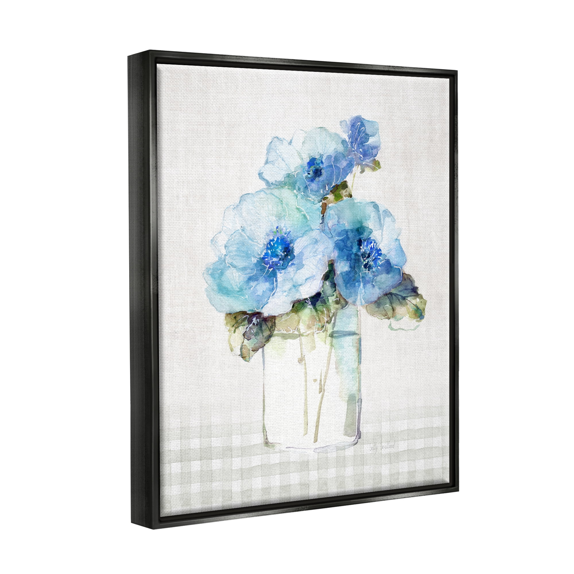 Stupell Industries Plaid Blue Flowers Botanical & Floral Painting Black Floater Framed Canvas Art Print Wall Art, 25 x 31