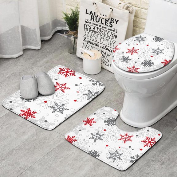 Multicolor Christmas Snowflake Pattern Bathroom Rugs Sets 3 Piece,Toilet Cover Set,Absorbent Non Slip Bathroom Mats Sets with U-Shaped Contour Rug Toilet Rug Set