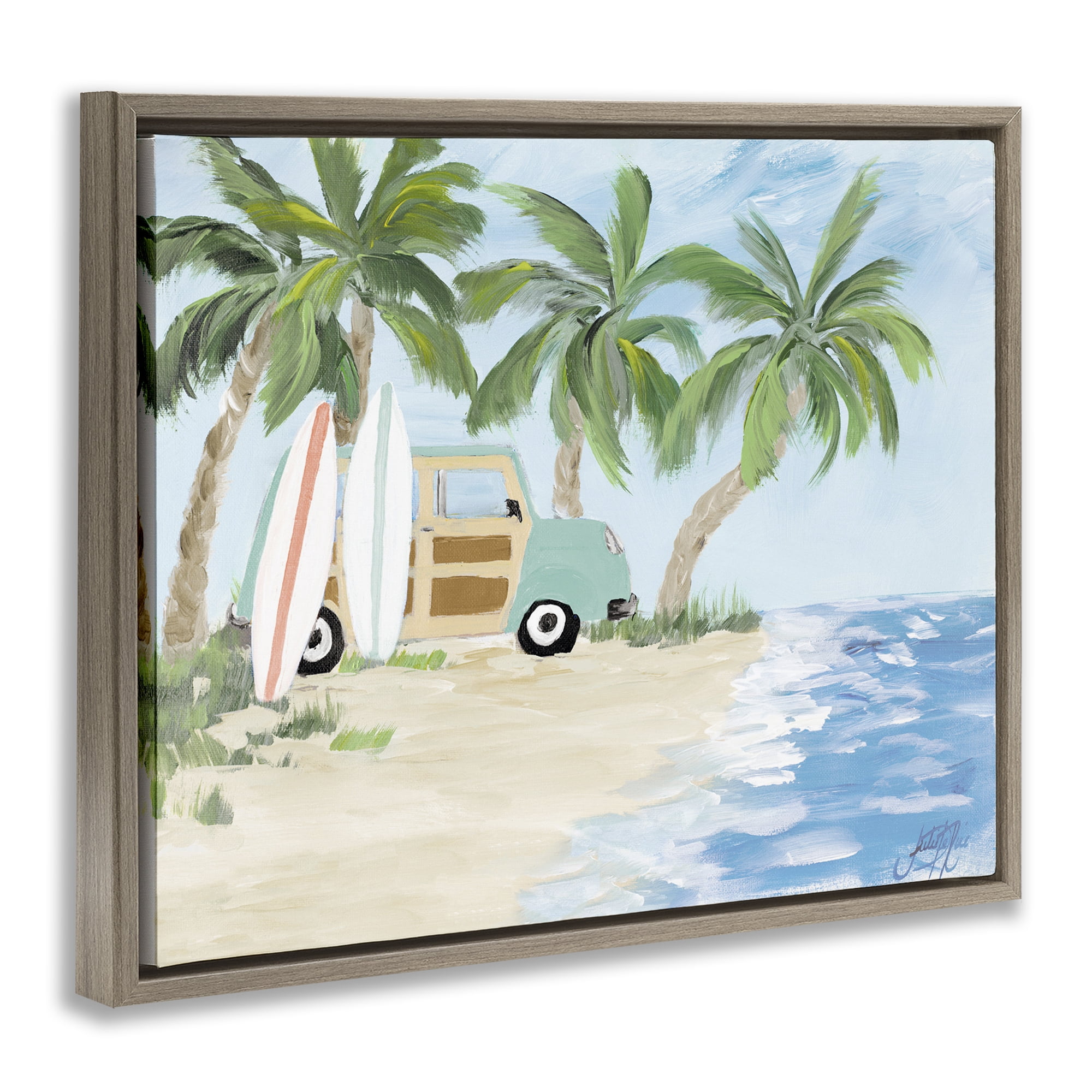 Stupell Industries Tropical Vacation Surfboards Landscape Painting Brown Floater Framed Canvas Art Print Wall Art, 31 x 25