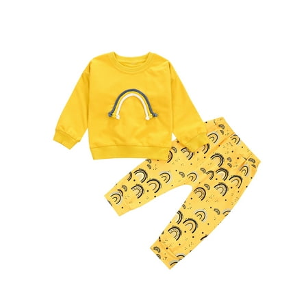 

Sunisery Newborn Baby Boys Girls Clothes Long Sleeve Rainbow Pullover Top and Pants Set 2Pcs Fall Winter Outfits Yellow 0-6 Months
