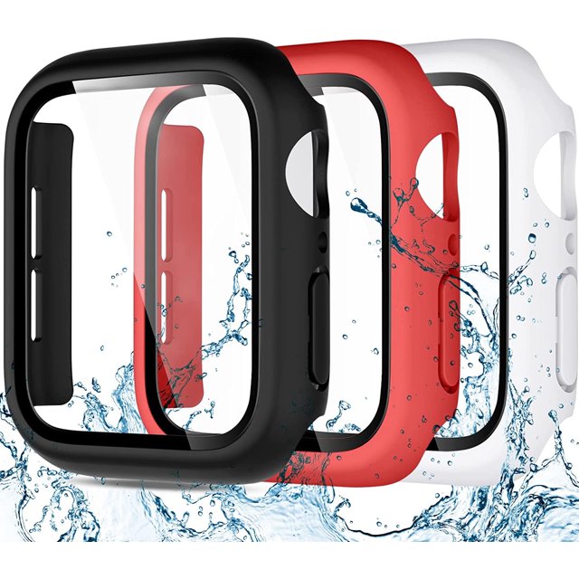 Waterproof Case Compatible with Apple Watch 42mm Series 3 2 1 with Tempered Film Screen Protector 3 Pack Full Protective Hard PC Scratch Resistant Face Cover, Black/Red/White, 42mm