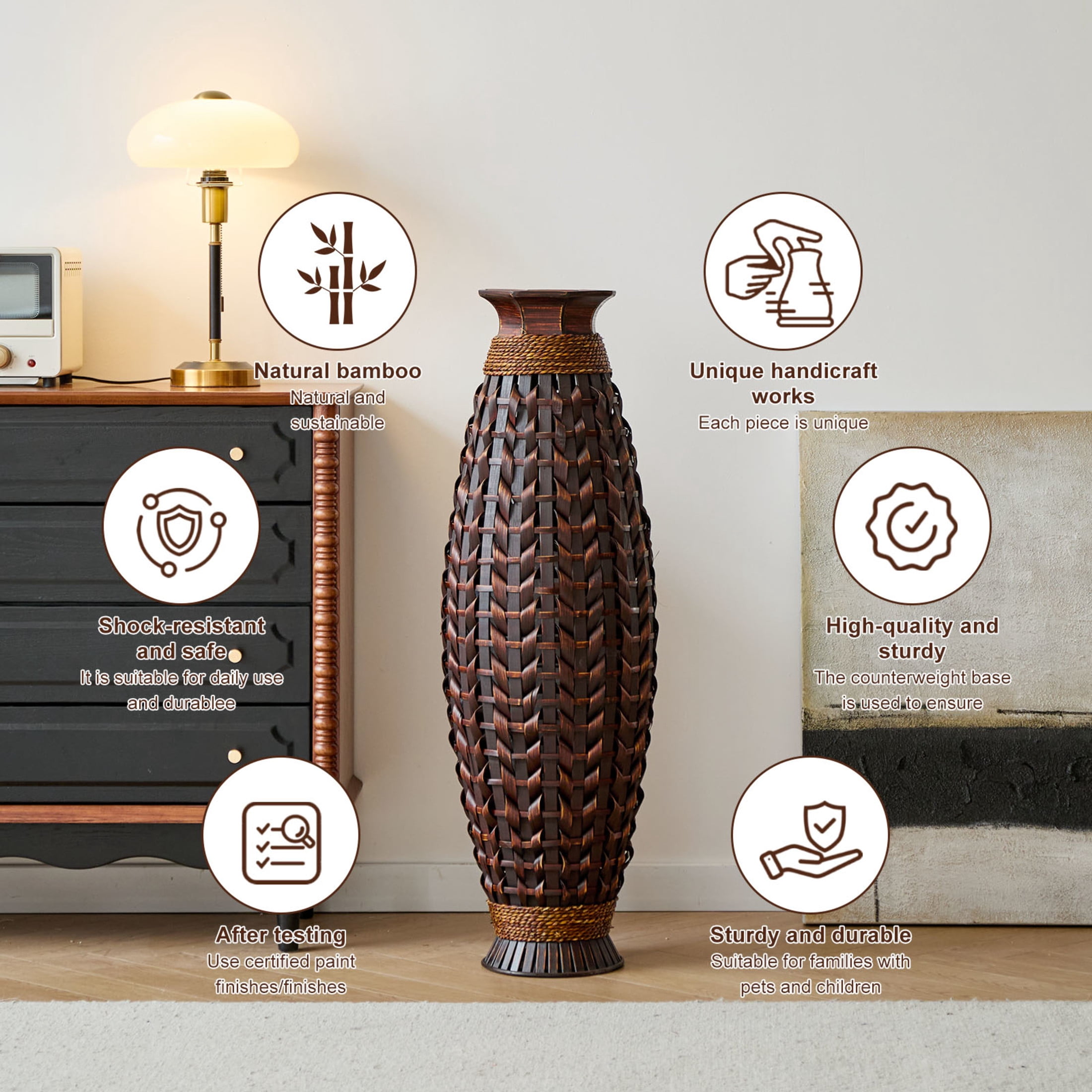 Noble House 38.97" Tall Handwoven Bamboo Floor Vase, Natural Woven Decorative Vase for Home Decor, Brown