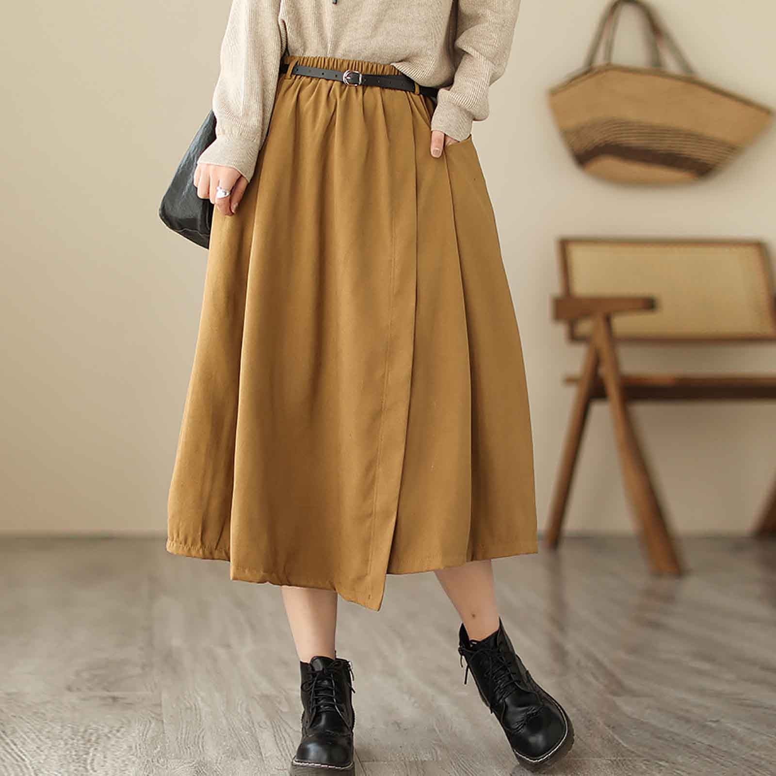 Cavosen A Line Skirts for Women Midi Calf Length Skirts Flowy Buckle Swing Skirts Solid Color Pencil Skirts Waistband Belt Swing Dress Athletic Beachwear Resortwear Yellow