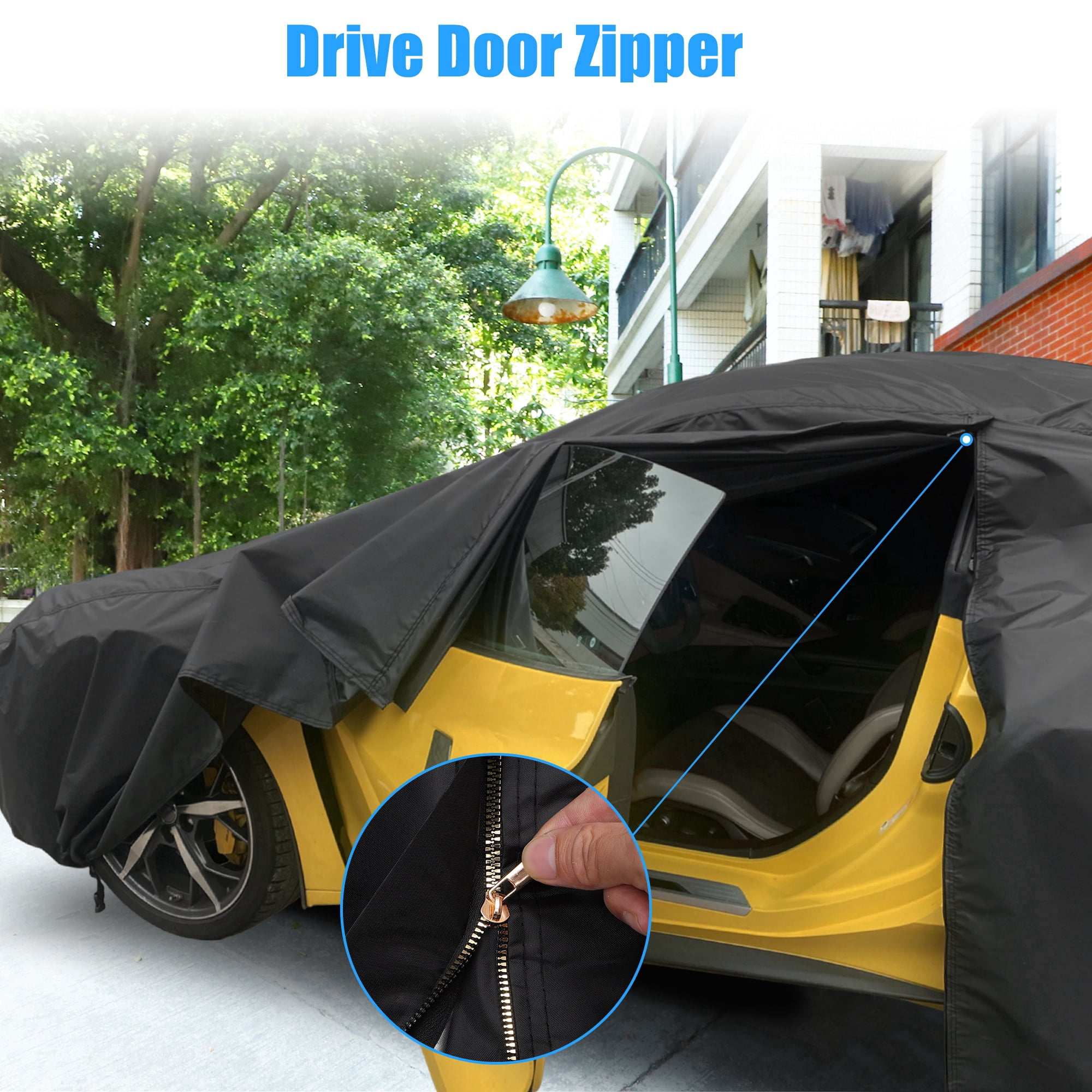 Unique Bargains Outdoor Full Car Cover All Weather Protection with Zipper Black Black 139.76"x64.17"x59.84"