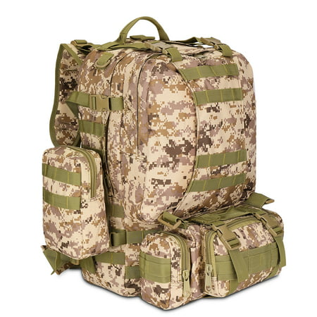 3-in-1 Tactical Backpack (Desert Camo) 55L Large Army Assault Pack w/ Detachable Shoulder Messenger Bag 2 Side Packs, MOLLE Gear Attachment System, Bug-out Bag Daypack Rucksack for Outdoor