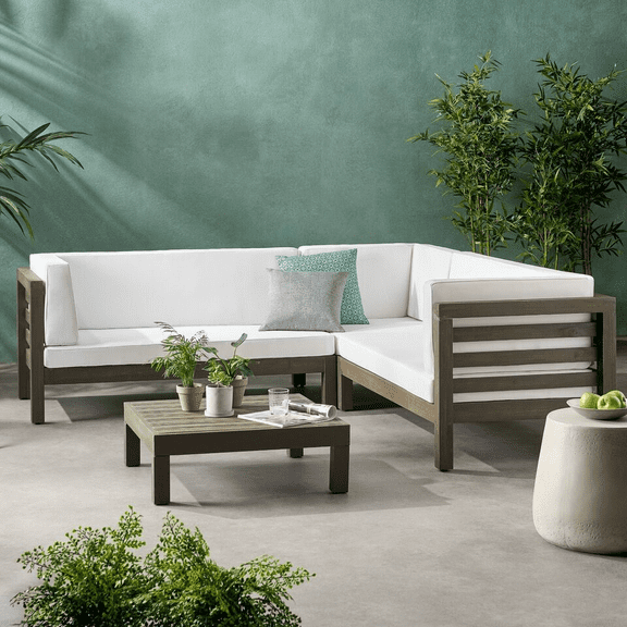 Lisonu 4-Piece Outdoor Sectional Set with White Acacia Wood Frame, V-Shaped Patio Furniture with Water-Resistant Gray Cushions