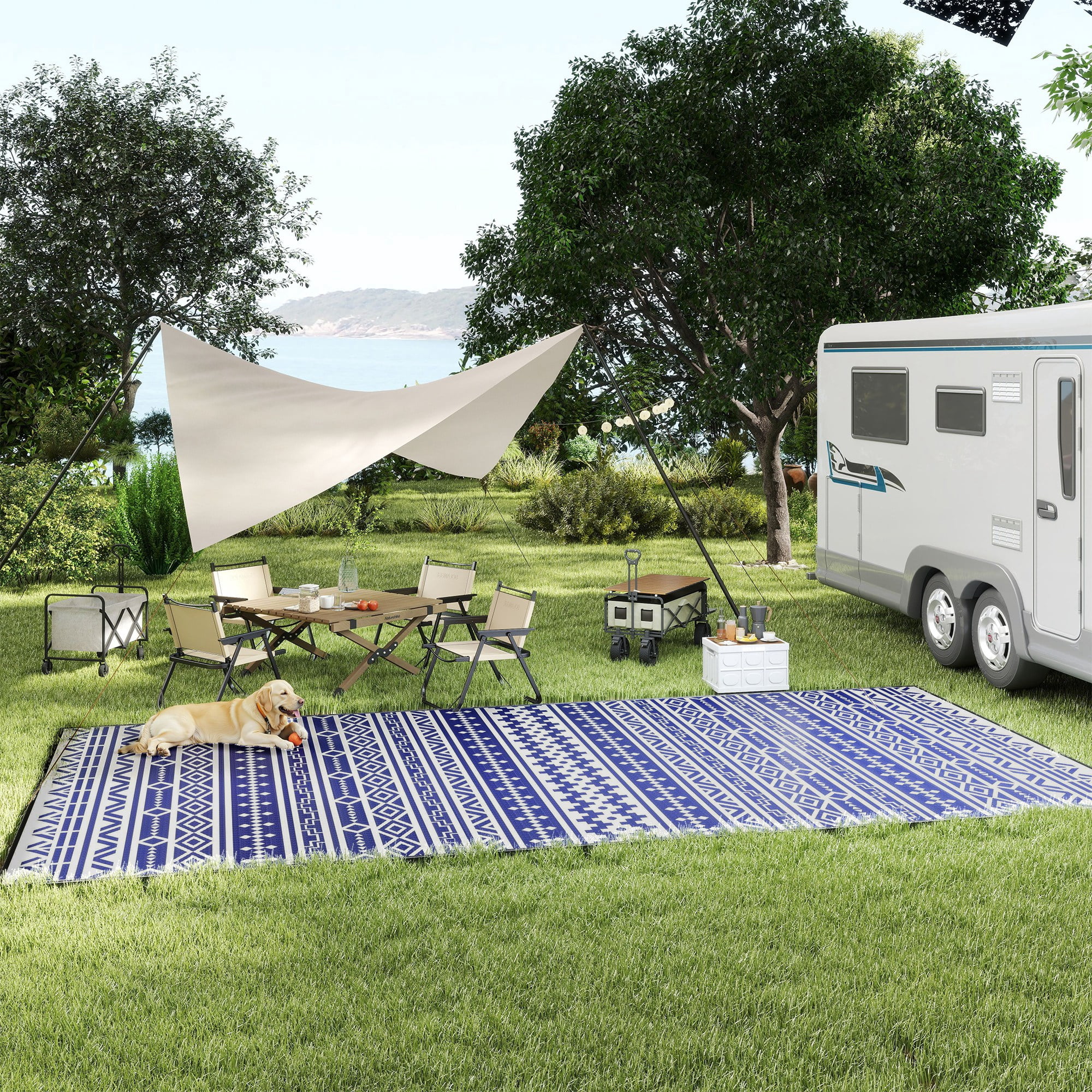 Outsunny Outdoor Patio Rug, Large Camping Carpet with Carrying Bag, 9' x 18' Waterproof Plastic Straw, Reversible, Blue & White Geometric Wall