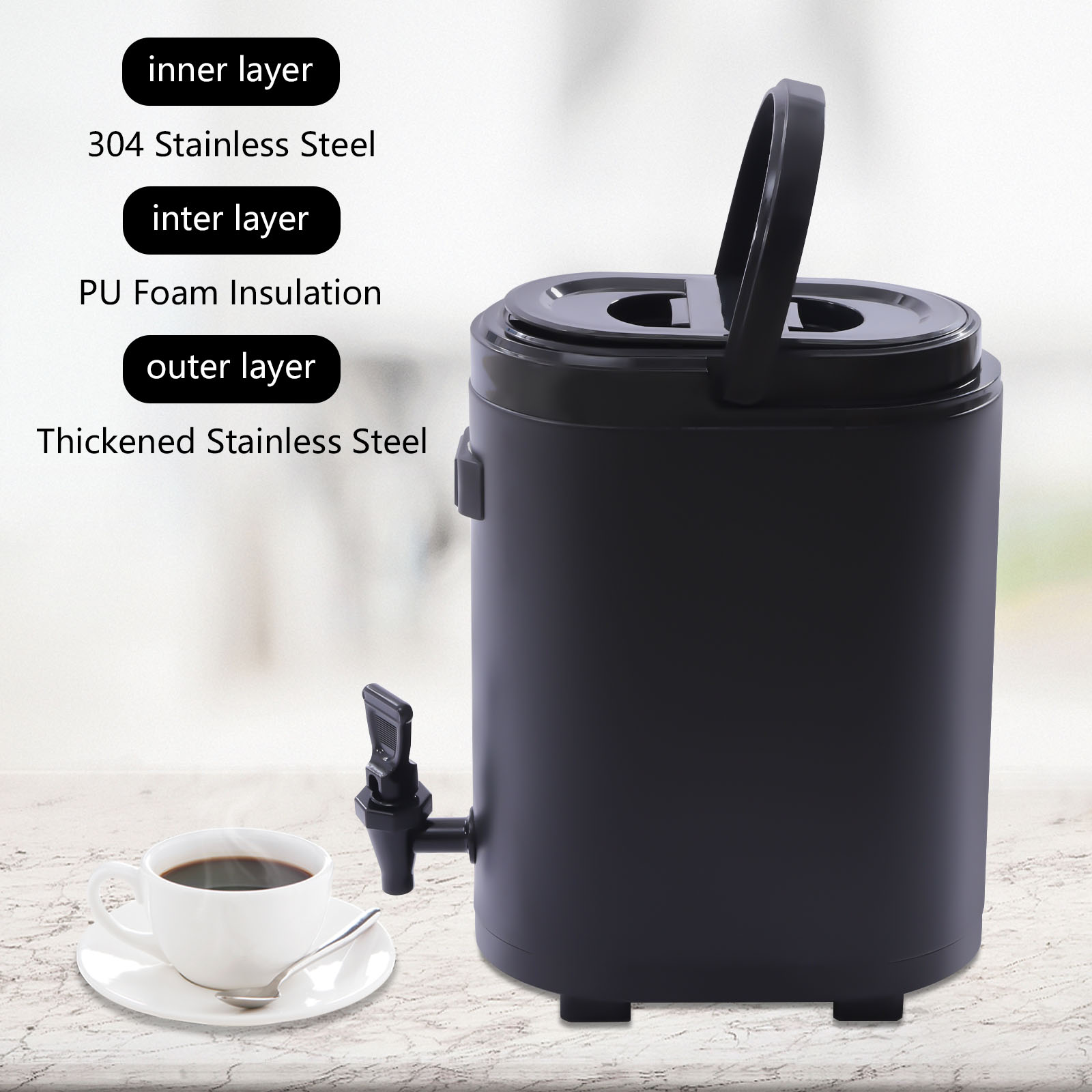 Insulated Beverage Dispenser – Food-grade 304 Stainless Steel Insulated Thermal Hot and Cold Beverage Dispenser with Thermometer (10L-Oval)
