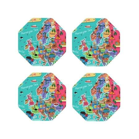 

Pofeuu Cartoon Map Of Europe Print Coasters for Drinks 4Pack PU Leather Coasters Bar Drink Coasters for Tabletop Protection Furniture from Damage-Octagon