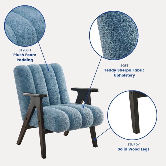 Modern Teddy Sherpa Accent Chair with Espresso Wood Frame, Blue - Plush Upholstered Chair for Living Room, Cozy Reading Seat for Bedroom