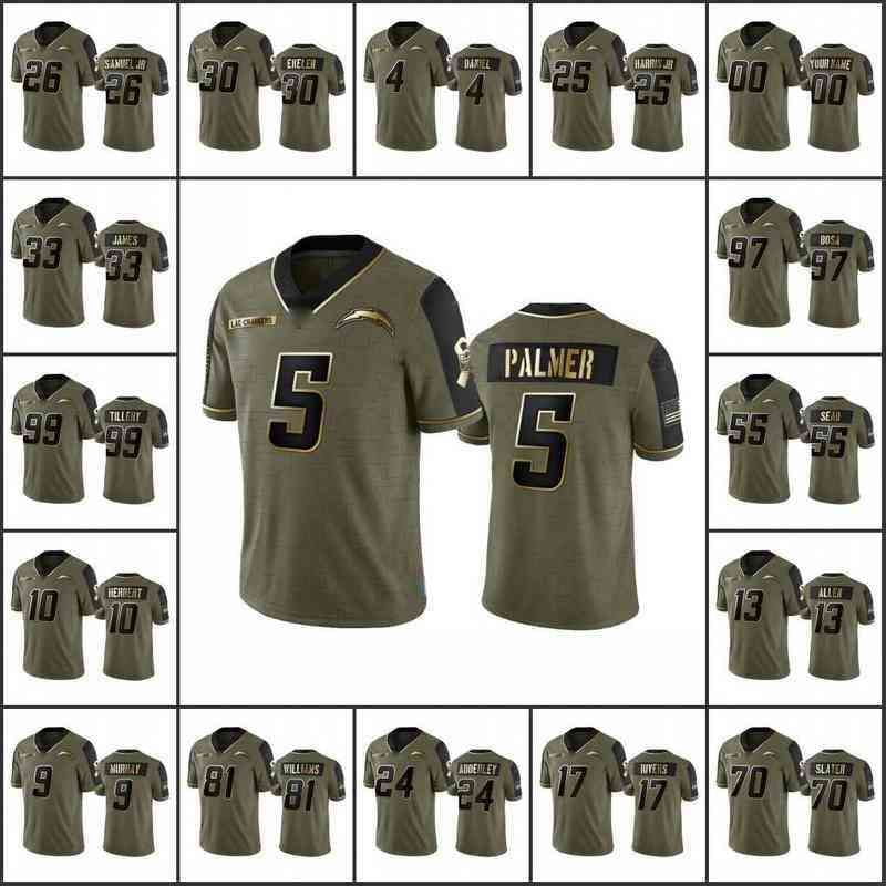 NFL_Jerseys Football Jerseys Jersey Los Angeles''Chargers'' #5 Josh Palmer  10 Justin Herbert 30 Austin Ekeler Custom Youth''NFL''Olive Gold Salute To  Service 