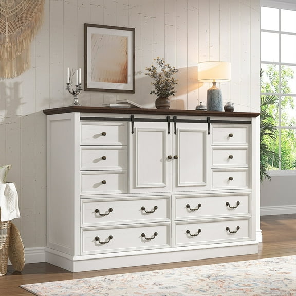 White Dresser with 10 Drawers,Farmhouse Wood Dresser for Bedroom Chest of Drawers with Smoothly Sliding Barn Doors,55" Wide TV Stands for Living Room,Hallway,Entryway