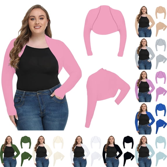 Fewfanhot Women Plus Size Long Sleeve Cropped Bolero Shrug, Open Front Lightweight Knit Cover Up Shawl
