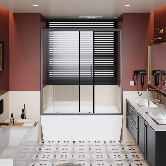 Noble House 60" x 62" Single Sliding Bathtub Shower Door, 1/5" Clear Tempered Glass with Stainless Steel Handle, Black