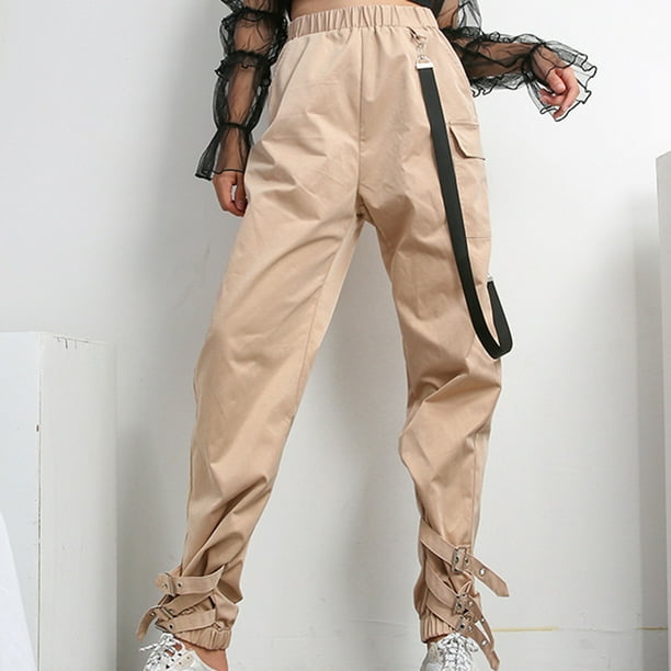 Anself - Fashion Women Cargo Pants Strap Side Pockets Elastic Bottom Hip Hop Casual Trousers