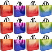 1 Set 12Pcs 4 Color Gradient Gift Bags Medium Reusable Non-Woven Cloth Bags with Iridescent Finish Handled Party Favor Bag for Wedding Birthday Presents Goodie Packaging 13.78x12.8inch