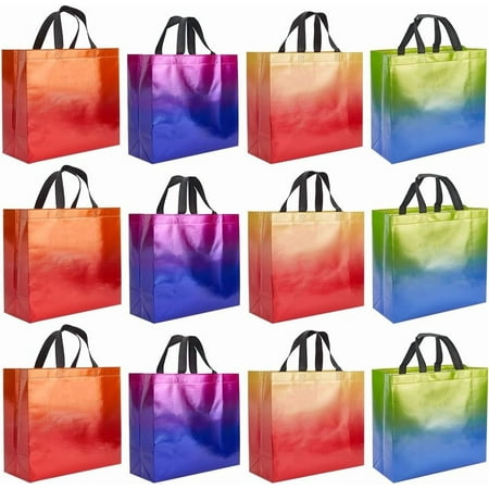 1 Set 12Pcs 4 Color Gradient Gift Bags Medium Reusable Non-Woven Cloth Bags with Iridescent Finish Handled Party Favor Bag for Wedding Birthday Presents Goodie Packaging 13.78x12.8inch