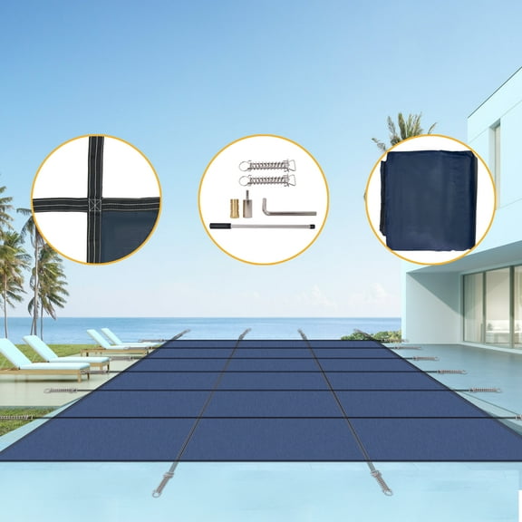 Witaxima Inground Pool Safety Cover, 16x32ft Rectangle Winter Safety Pool Cover, Solid Safety Pool Covers, Blue Mesh