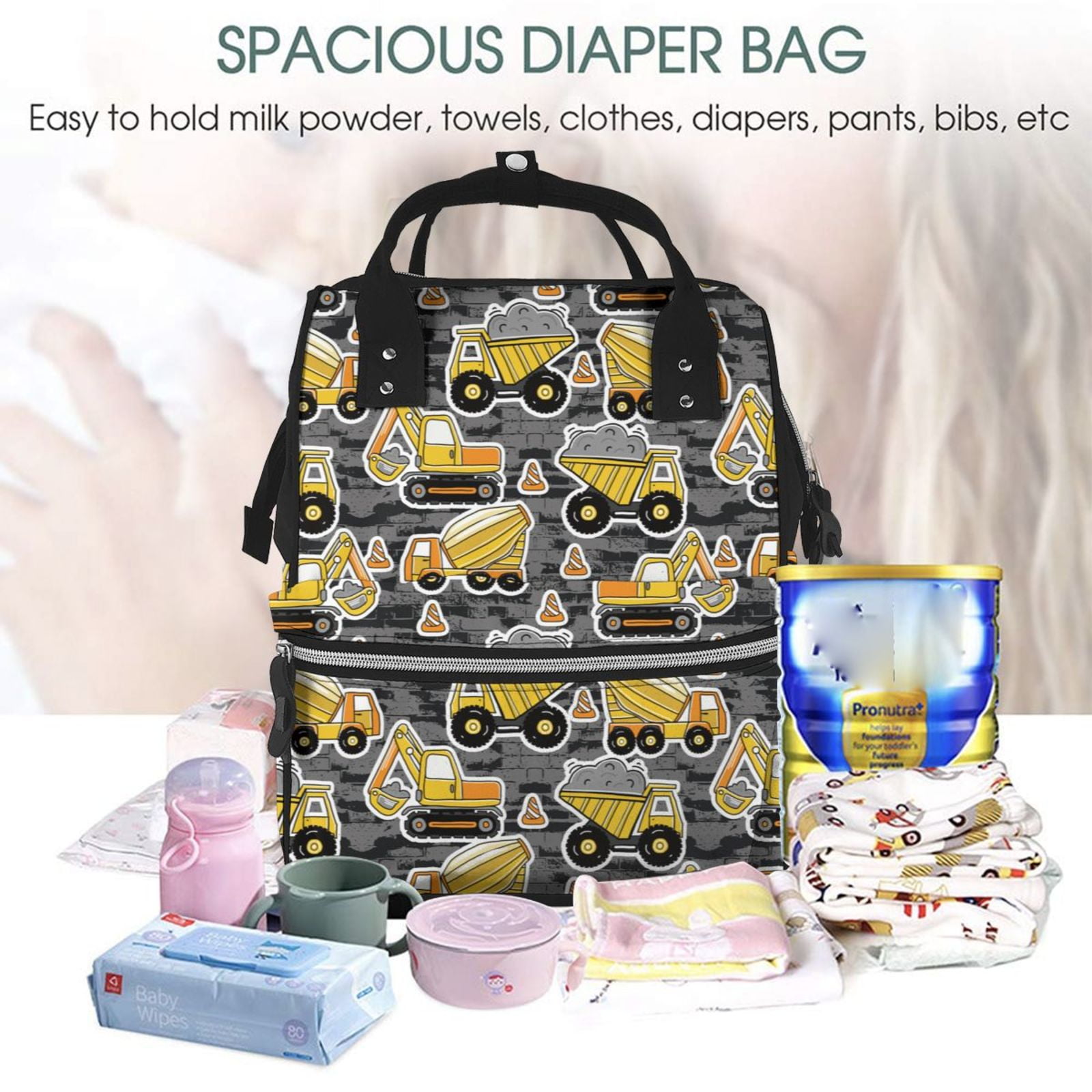 Ratiio Excavator At Work Mummy Backpack - Waterproof Twill Canvas, Large Capacity Diaper Bag with Multiple Pockets and Adjustable Straps