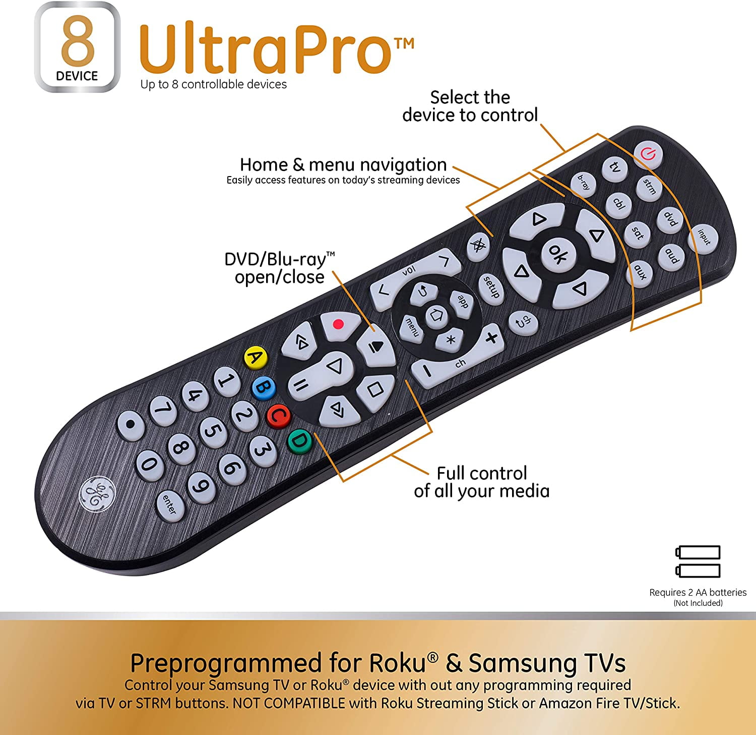 GE Universal Remote Control, Backlit, for Samsung, Vizio, Lg, Sony