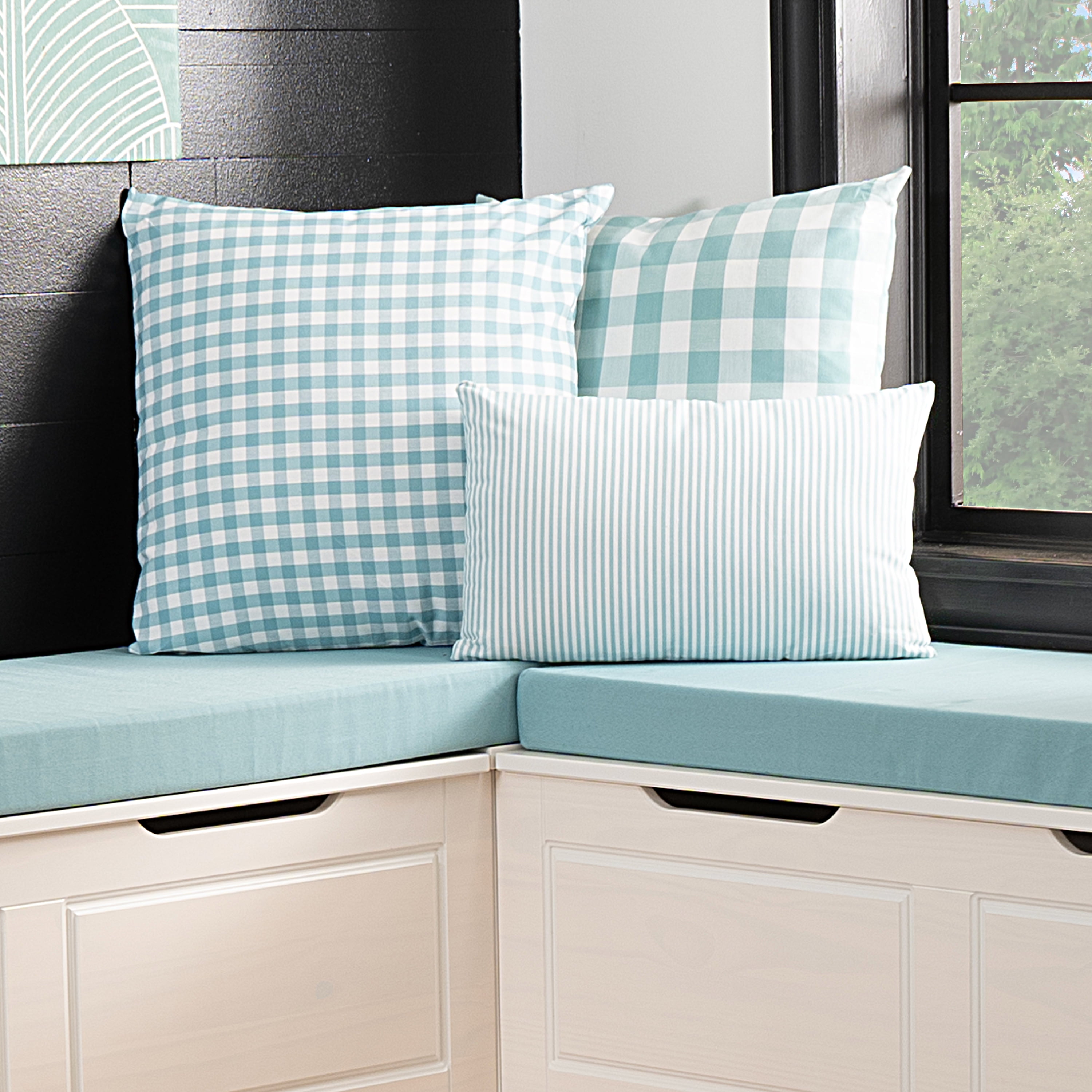 Linon Romero Backless Corner Nook with Storage, 5-Piece Cushion Set, White/Seafoam