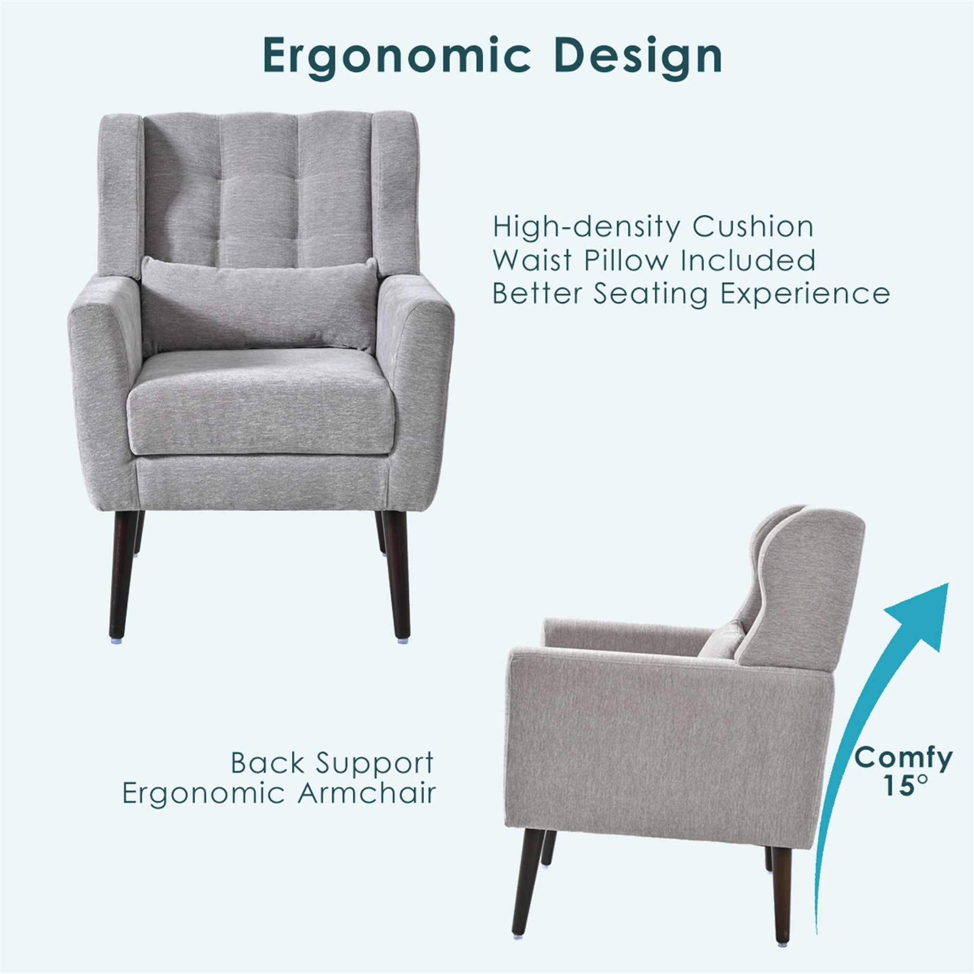Leumius Modern Accent Chair with Solid Wood Leg, Chenille Armchair with Pillow, Comfy Soft Padded Lounge Chair for Small Space, Bedroom, Living Room Grey