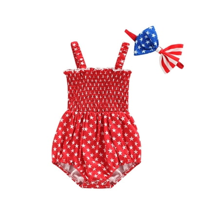 

Suanret Independence Days Infant Baby Girls Summer 2Pcs Outfit Sets Sleeveless Stars Print Sling Romper + Headband Red 3-6 Months