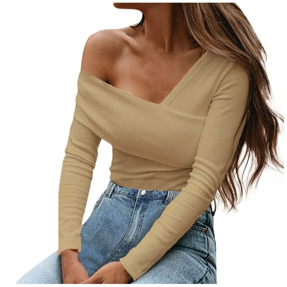 HAPIMO Sales Women Asymmetrical Neck Shirts Loose Casual Long Sleeve Solid Skew Collar Casual Blouse T-shirt Strapless Tops Teen Grils Fashion Clothes Khaki M