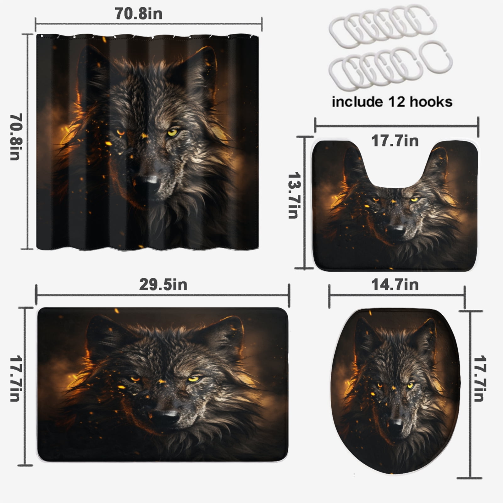Fantasy Wolf 4 Pieces Shower Curtain Set with Non-Slip Rug Rustic Dark Gothic Wildlife Animal with Non-Slip Rugs Toilet Lid Cover and Bath Mat Bathroom Decor Set, 72x72 Inch