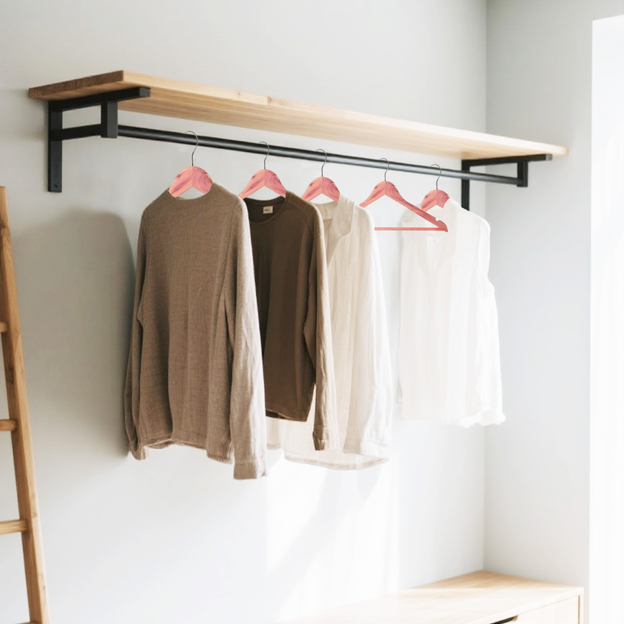 BP4U 12-Pack Premium Wooden Clothes Hangers with Clips, Cedar Wood Skirt/Pant Hangers with Adjustable Clips for Suits, Dresses, Coats, Jackets, Trousers
