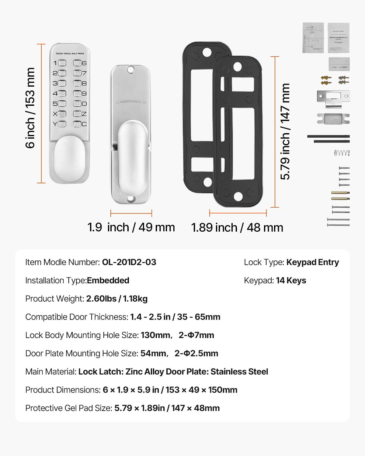 Mechanical Combination Door Lock, Keyless Entry with Adjustable Handles, Surface Mount 1.4-2.5 Inch Door Compatibility, Zinc Alloy, No Batteries for Gate Garden Garage
