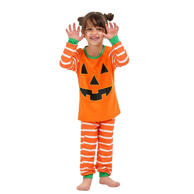 xiaxaixu Ensemble de Pyjamas Assortis pour la Famille, Imprimé Citrouille Rayé d'Halloween Col Rond Manches Longues + Pantalons Longs pour Parents Enfants