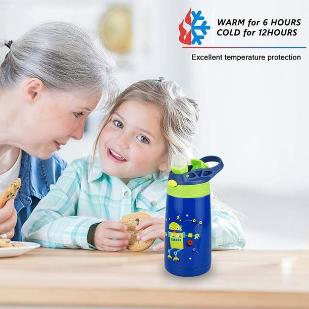 CPDD Gobelet pour enfants, bouteille d'eau pour tout-petits en acier  inoxydable de 12 oz, gobelet isotherme à double paroi avec poignée et  couvercle anti-éclaboussures, thermos pour enfants pour lait d'eau (bleu, 1