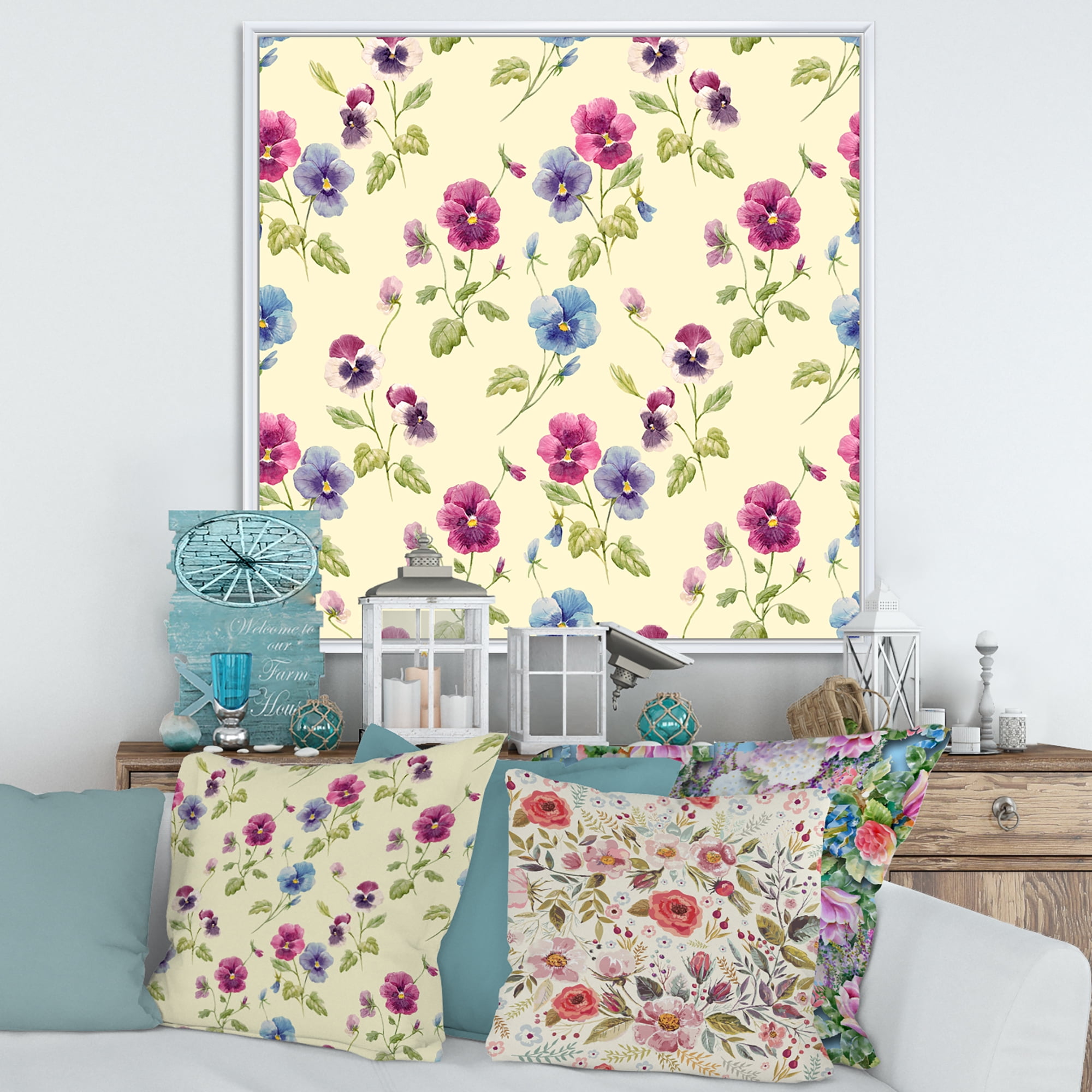 Designart 'Blue and Pink Pansy Flowers I' Traditional Framed Canvas Wall Art Print