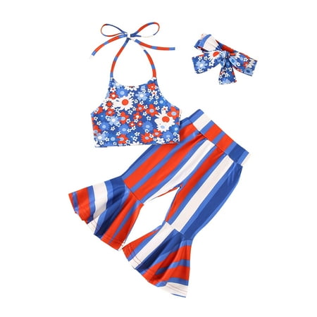 

Blotona Baby Girls Pants Set 6M 12M 18M 24M 2T 3T 4T 5T Toddle 4th of July Jumpsuit Sleeveless Sling Tank and Floral Suspender Flared Pants and Hairband 3Pcs Summer Independence Day Clothes 6M-4T