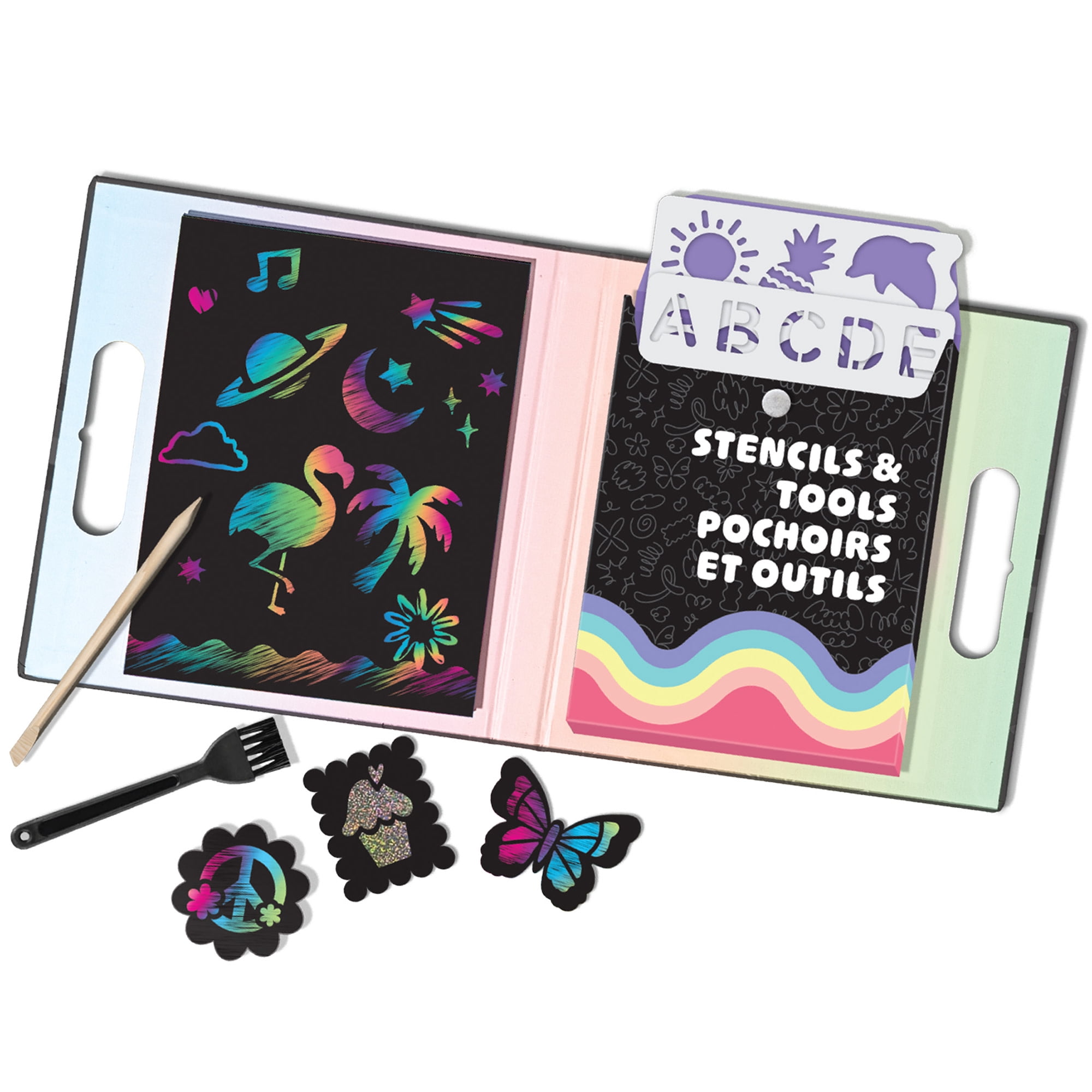 Little Yellow Bicycle: Scratch Art Kit - 4 Rainbow & 4 Sparkle Sheets, Stickers & Shapes, 4 Stencils, Scratch Tool & Brush, Travel Folder, Kid 5+