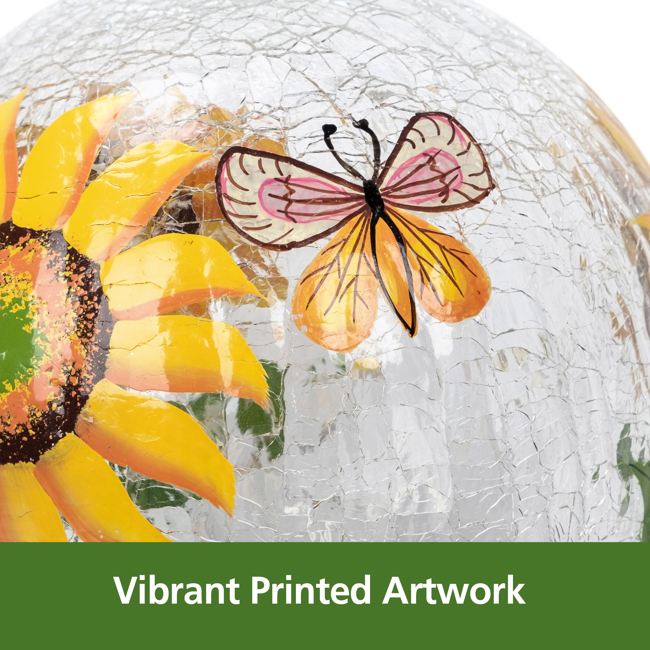 Mainstays 6 inch Solar Sunflower Crackle Glass Ball Decor, 6" Length x 6" Width x 6" Height
