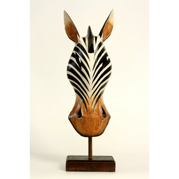 20" Wooden Tribal Striped Zebra Mask with Stand Hand Carved Home Decor Accent Art Unique Sculpture Decoration Handmade Handcrafted Mask Stand Alone