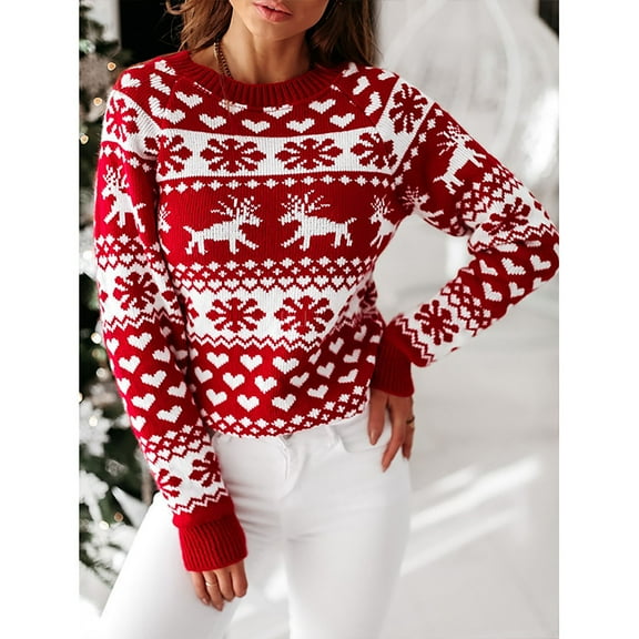 Munlar Womens Cardigan Sweaters,Women's Fashion O-neck Christmas Print Comfortable Long Sleeve Loose Sweater Sweatershirt