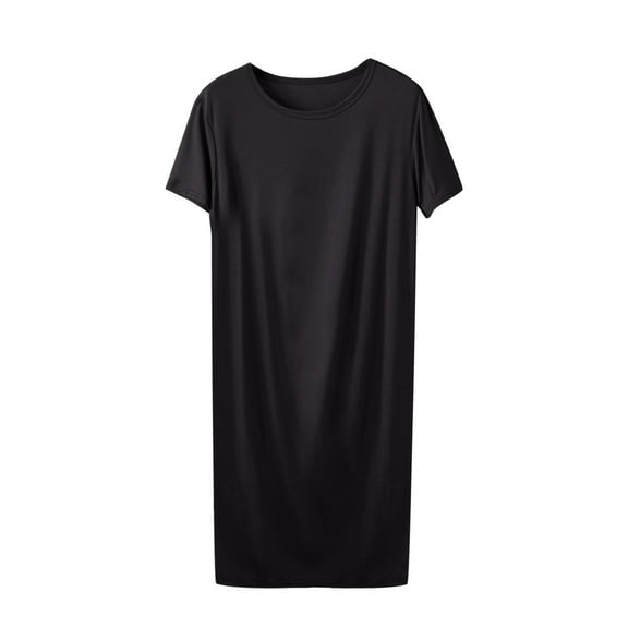 Wyobmus Women's Long Sleepdress Short Sleeve Nightgown Pleated Front Nightshirt Solid Comfy Crew Neck Full Slip Loungewear Homewear Black