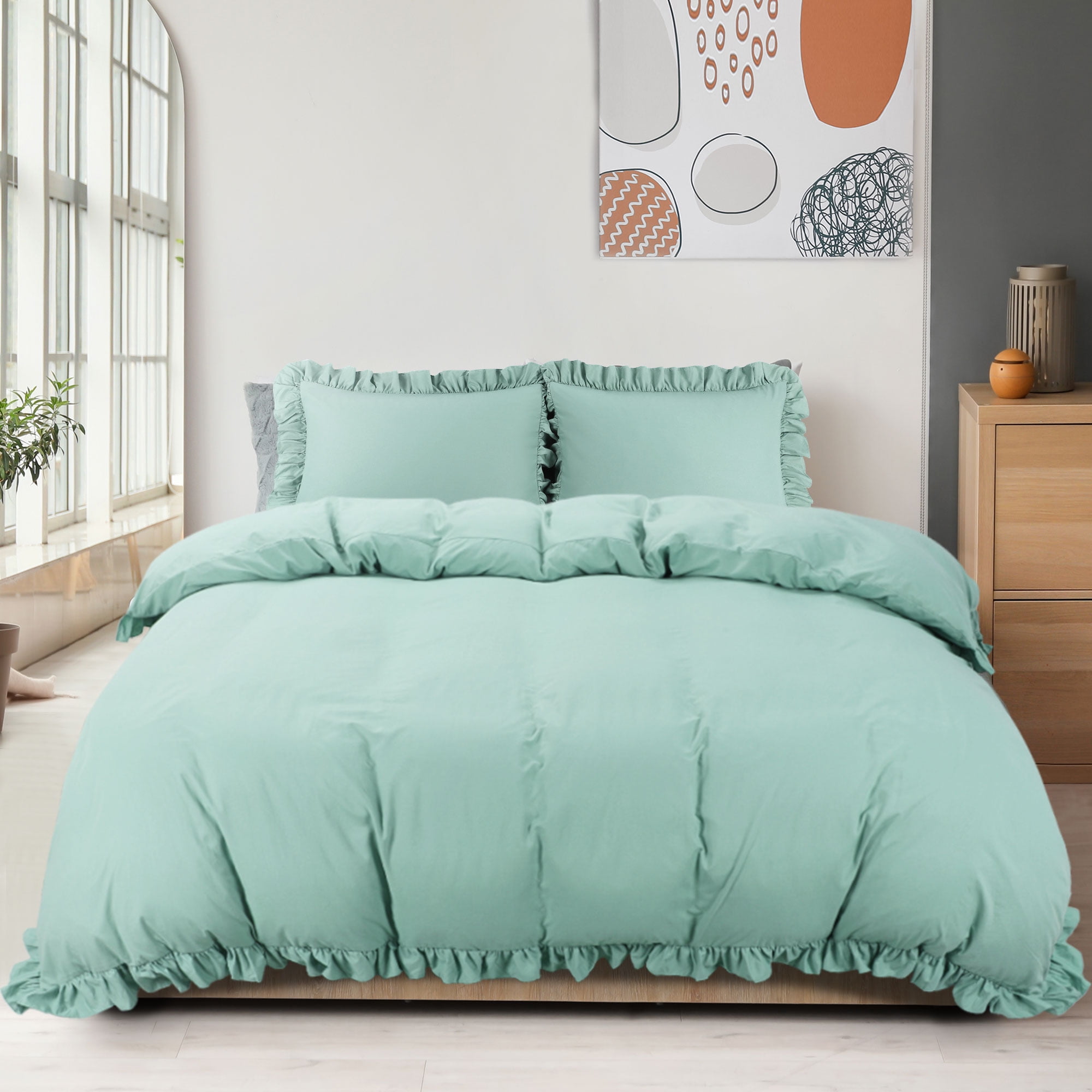 Unique Bargains 110GSM 3 Pieces Ruffle Brushed Duvet Cover Sets Queen Sage Green