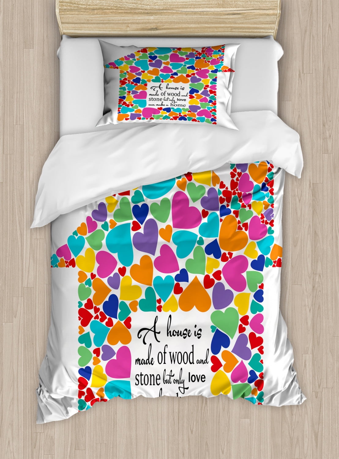 Hearts Duvet Cover Set Twin Size, House with a Home Quote Lovely Family
