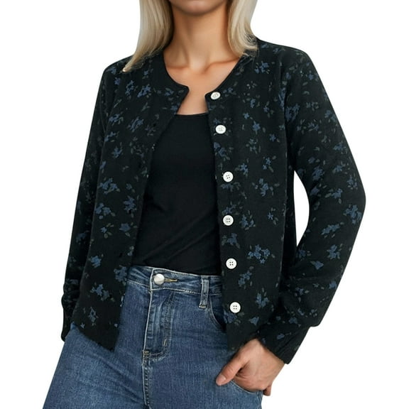 Cnbwig Women's Cardigan Classic Casual Knit with Floral Buttons Crew Neck Thick Warm Coat Fall Winter Soft Open Front Sweater Cardigans Fashion Outwear Tops B-Black L