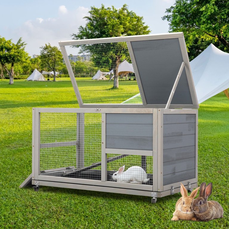 2-Story Wooden Rabbit Hutch with Casters, Pull-Out Tray, Waterproof Roof, and Anti-Chew Ramp 2-Story Wooden Rabbit Hutch with Casters, Pull-Out Tray, Waterproof Roof, and Anti-Chew Ramp